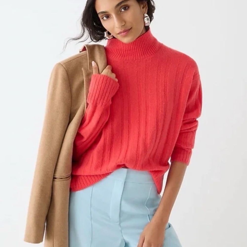J. Crew Ribbed Mockneck Sweater Supersoft Yarn Red Poppy Merino Wool Alpaca
